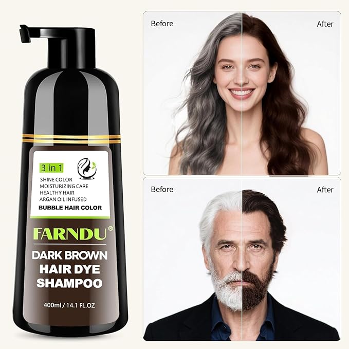 Dark Brown Hair Dye Shampoo, 3 in 1 Instant Hair Color with 15 Min Gray Coverage, Natural Semi-Permanent Herbal Shampoo for Men & Women