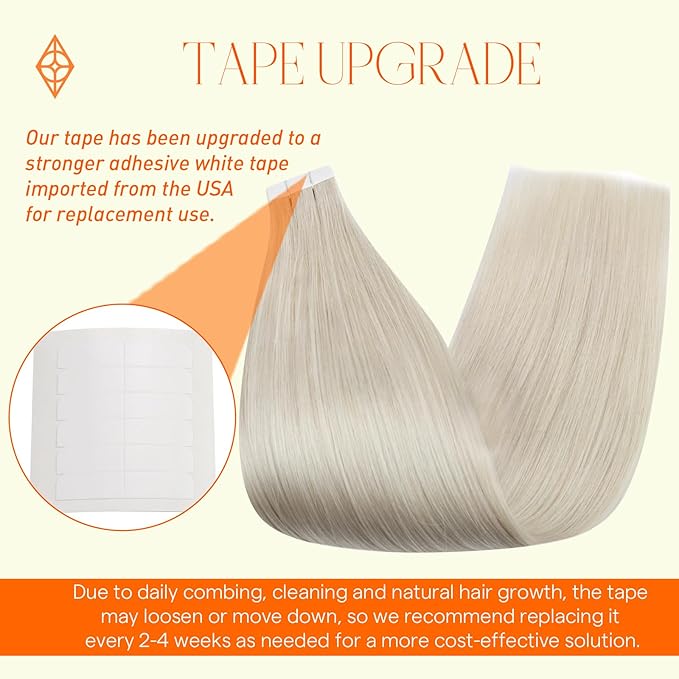 Full Shine Tape in Hair Extensions Human Hair 18 Inch Color 1000 White Blonde Tape Hair Extensions Invisible Seamless Extension 40Pcs 100G Remy Skin Weft Double Sided Tapes Add Length