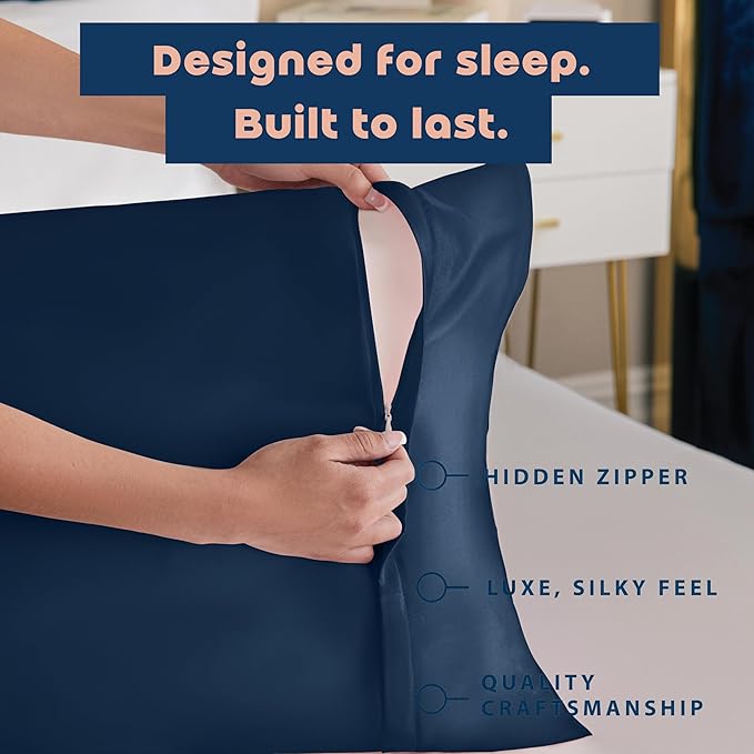 BLISSFORD Satin Pillowcase with Zipper, for Hair and Skin Care, Feels Soft and Cool Like a Silk Pillowcase, Satin Pillow Cases 2 Pack, Slik Pillow Cover, Navy - Queen Size, Set of 2