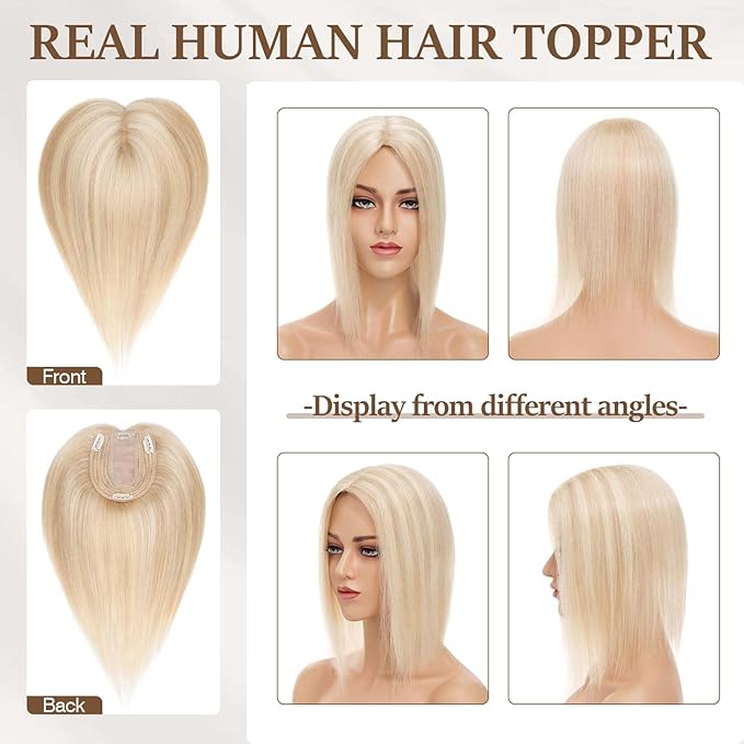 Rich Choices Hair Toppers for Women Real Human Hair 100% Human Remy Toppers with Thinning Hairs NO Bangs Clip in Hairpiece 4"x4.7"Lace Base 18 Inch #18P613 Ash Blonde Highlights Bleach Blonde