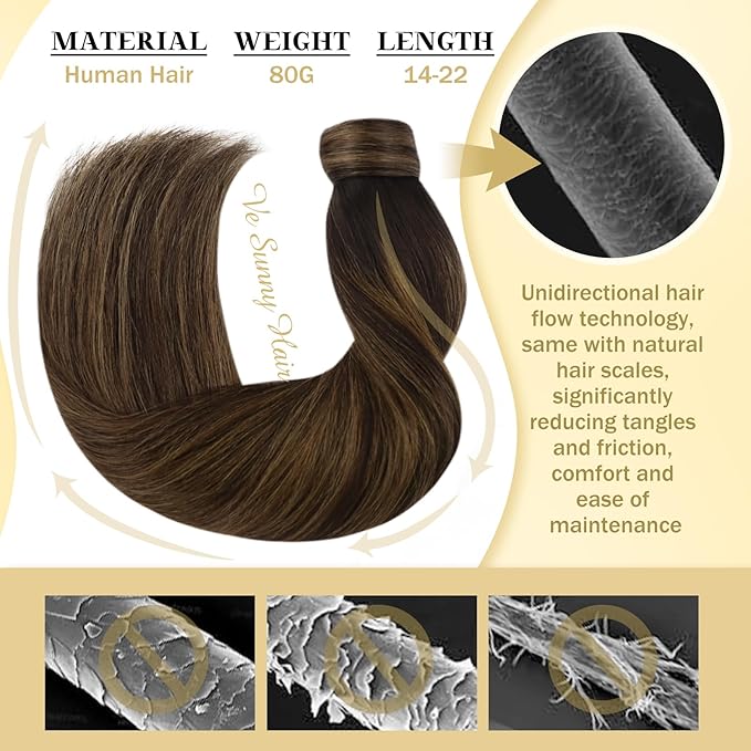 Ve Sunny Hair Extensions Ponytail Real Human Hair Wrap Around Clip in Ponytail Hair Extensions Straight Extensions Human Hair for Women Dark Brown Dark Brown Balayage Chestnut Brown 22inch 80G