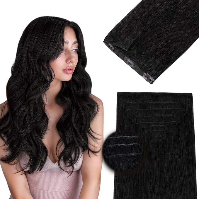DOORES Hair Extensions Real Human Clip in 14 inch 120g 7pcs Invisi Edge, Seamless Clip in Hair Extensions Invisible Clipins Virgin Injected Skin Weft, 1 Jet Black
