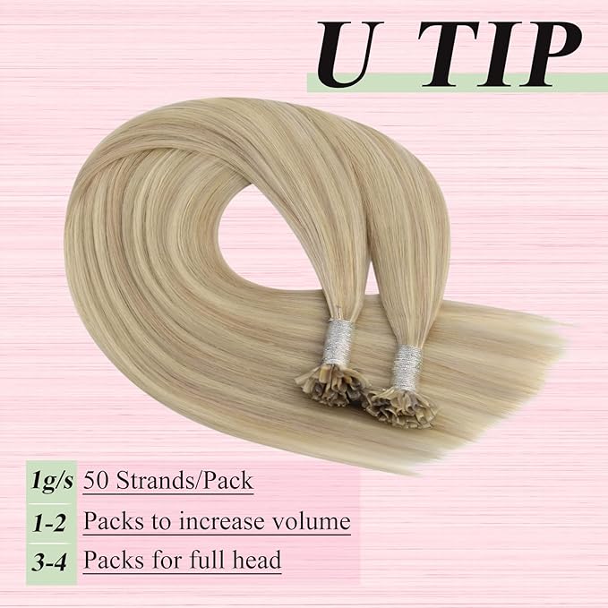YoungSee U Tip Hair Extensions Highlight Ash Blonde with Bleach Blond U Tip Hair Extensions Human Hair Highlight Utip Hair Extension Blonde Hot Fusion Hair Highlight 16In 1G/S 50G for Wedding