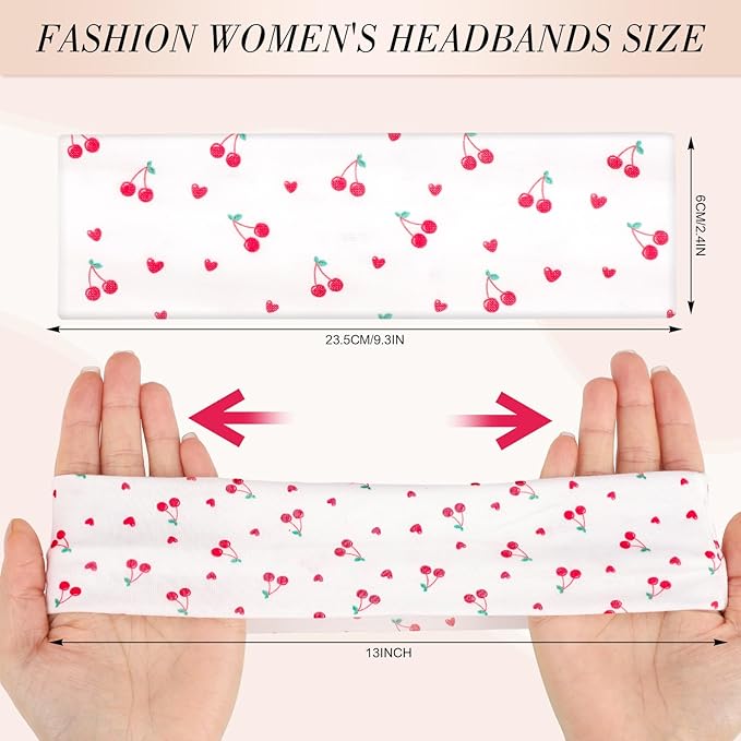 obeoby Floral Headbands for Women, Stripe Cherry Hairbands Non Slip Cotton Fashion Hair Bands for Teen Girls Valentines Gifts