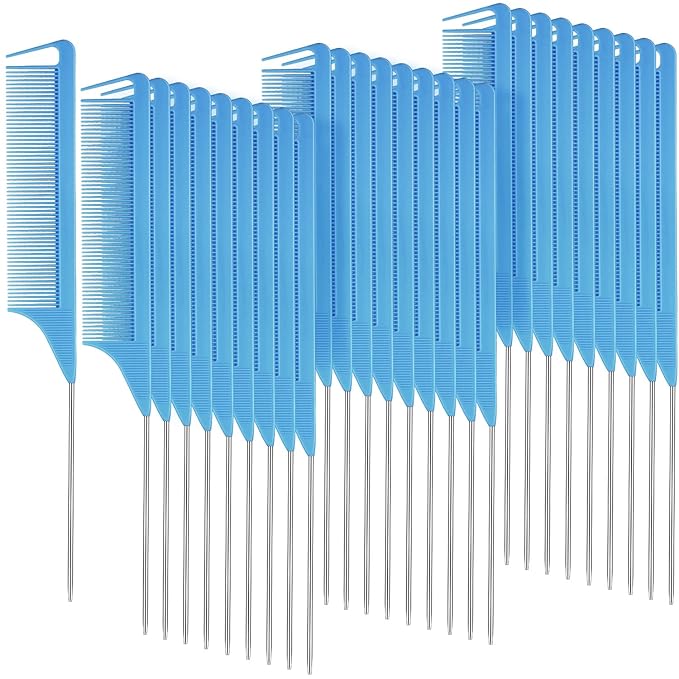 Patelai 30 Pieces Rat Tail Combs Bulk, Hair Teasing Fine Tooth Pintail Combs Braiding Hair Styling Tools with Steel Pin for Stylists Salon Teasing Sectioning Coloring Detangling(Blue)