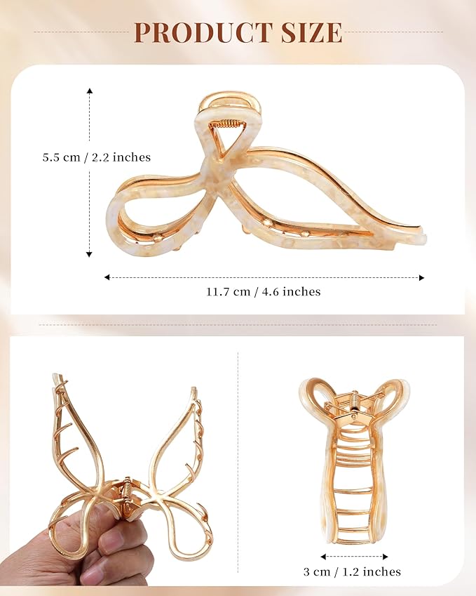ACECHA 2 Pack Gold Metal Bow Hair Claw Clips for Women, 4.5" Colorful Non-slip Hairclips for Thick Thin Hair Claws Strong Hold Styling (Pure Color 00)
