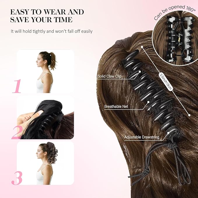 Clip on Ponytails for Women - 12 Inch Curly Ponytail Extension, Wavy Pony Tails Hair Extensions, Synthetic Hair Extensions Ponytail, Clip in Ponytail (Color: Ash Brown with Beige Blonde Highlights)