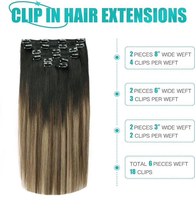 SURNEL Clip in Hair Extensions Natural Black to Chocolate Brown and Caramel Blonde Human Hair Clip in Extensions 20inch 6pcs 120g(#1B/4/27,20'')