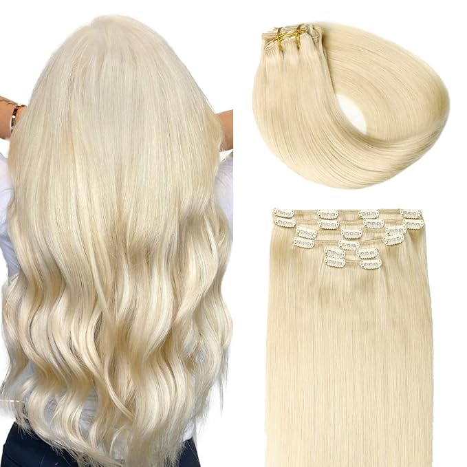 SURNEL Clip in Extensions Human Hair Platinum Blonde Double Drawn Hair Extensions Clip ins 22 Inch 6pcs 120g(#60,22'')