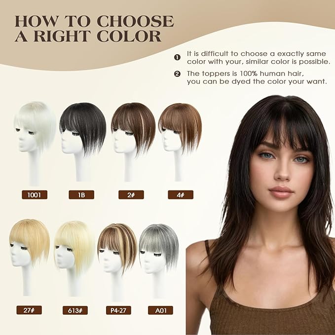 Hair Toppers for Women Real Human Hair (Dark Blonde#27)-360°3D 10inch Topper with Bangs for Thinning Hair, Clip-in Bangs with Upgraded Silk Base, Perfect for Daily Wear