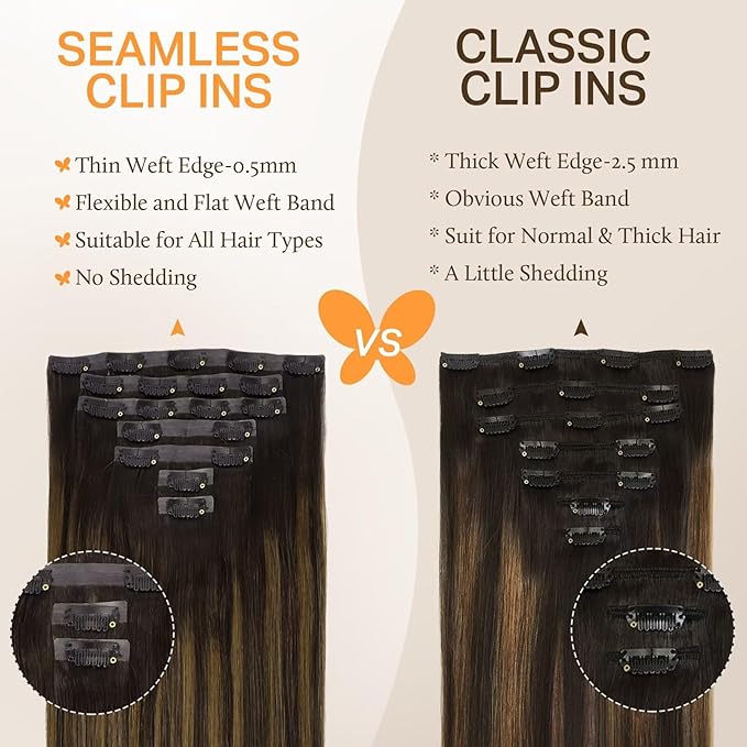 DOORES Seamless Clip in Human Hair Extensions, Dark Brown to Chestnut Brown 7pcs 110g 16 Inch Straight Hair Invisi Edge