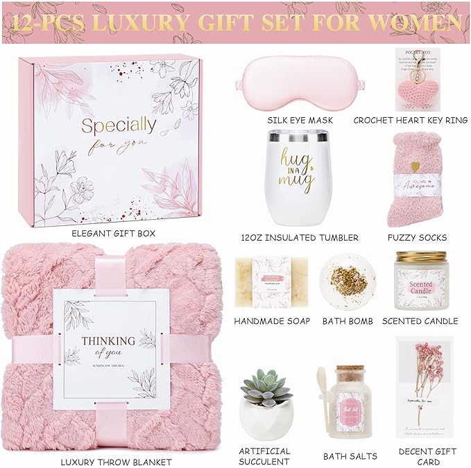 Get Well Gifts for Women Self Care Gifts Basket - Relaxing Spa Care Package After Surgery Thinking of You Birthday Gift - Feel Better Sympathy Gift Set for Her Mom Sister Friend Wife (Pink)