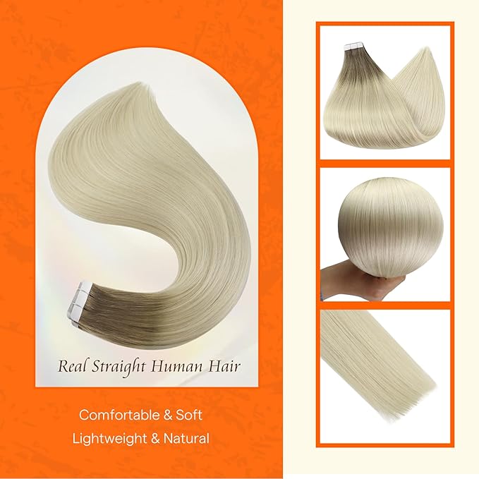 Full Shine Tape in Hair Extensions Human Hair 12 Inch Color 8 Ash Brown to 60 Blonde Seamless Skin Weft Short Natural Human Hair Tape in Extensions 20 PCS Remy Straight Hair Add Volume 30 Grams