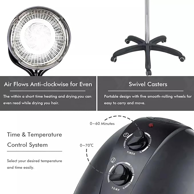 Black,B,Wall Mounted Hair Dryer,Fast Hair Drying Low Noise,Timer 0-60 Min,Steamer Hat Deep Conditioning Heat Steaming Salon Equipment Hooded Machine Used in Hair Processor