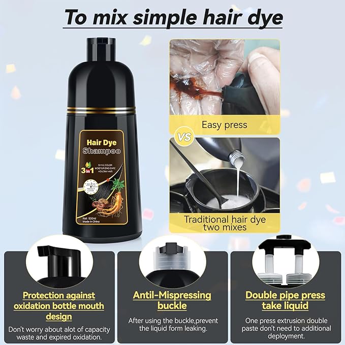 Hair Dye Shampoo Chestnut Brown Men and Women Instant & Easy 3-in-1 Hair Dye Shampoo with Herbal Ingredients Ammonia-free Lasts 30 Days-500ml