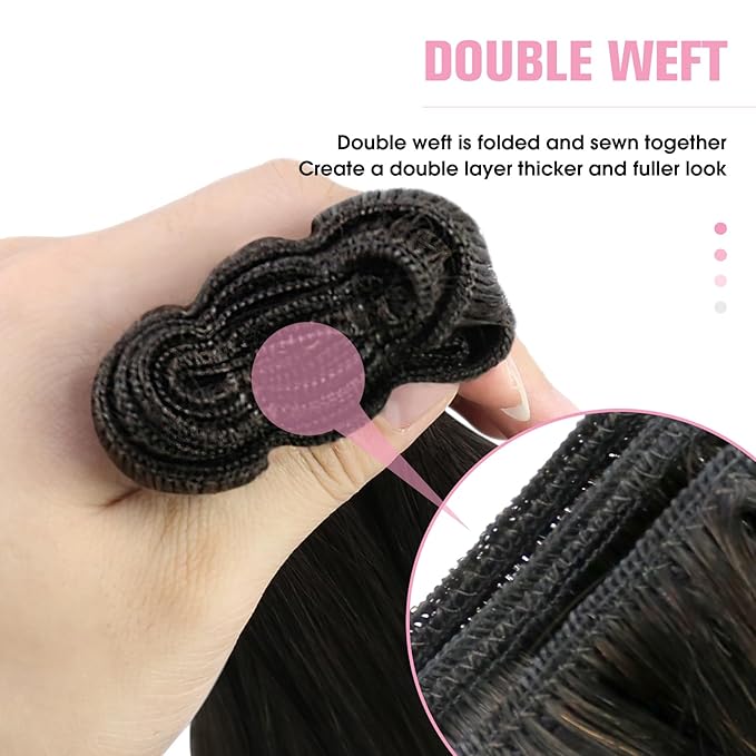 YoungSee Human Hair Sew in Extensions Darkest Brown Hand Tied Weft Hair Extensions Human Hair Dark Brown Sew in Hair Extensions Short Straight Hair 14Inch 70G