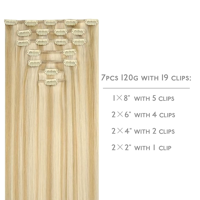WENNALIFE Clip in Human Hair Extensions, 16 Inch 120g 7pcs Light Blonde Highlighted Golden Blonde Hair Extensions Clip In Human Hair Remy Clip in Real Human Hair Double Weft
