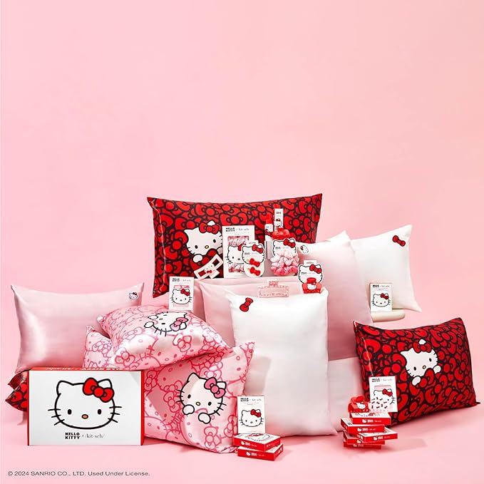 Kitsch x Hello Kitty Pillow Case – Pink Kitty Faces Toddler Bed Time Satin Pillowcase with Zipper – Soft Cooling Pillow Cover for Hair & Skin – Better Than Silk Pillowcase - King Size 19x36
