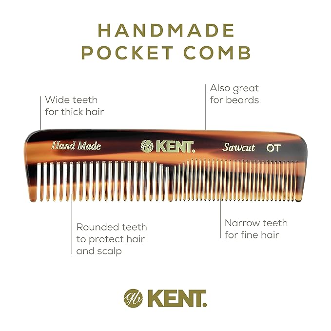 Kent OT Tortoiseshell Pocket Comb - Handmade Fine and Wide Tooth Hair Comb for Men, Women, and Kids - Travel, Beard, and Mustache Comb - Saw Cut and Hand Polished Made in England