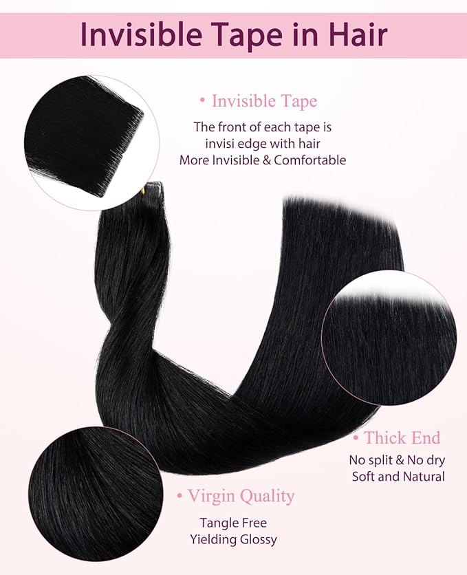 Pinkpearl Invisible Tape in Hair Extensions Human Hair, 20pcs 18inch 50g #1 Jet Black Injection Tape in Extensions Real Remy Straight Seamless Silky Human Hair Injected