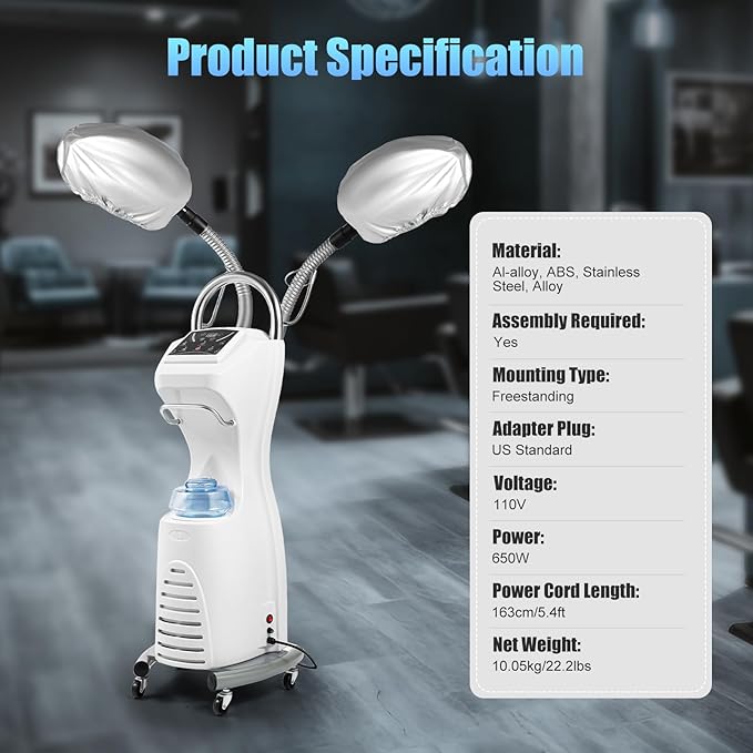 7 in 1 Professional Hair Steamer, Freestanding Hair Treatment Machine with Wheels, Professional O3 Ozone Hooded SPA, for Homes, Spas, Barber Shops, Beauty Salons