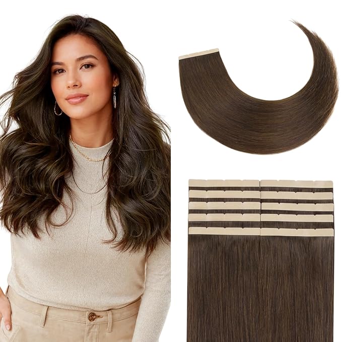 GOO GOO Tape in Hair Extensions Human Hair, 4A Chocolate Brown, 4cm Wide Tape, 18inch 20pcs 80g, Real Human Hair, Seamless Tape in, Instant Length&Volume