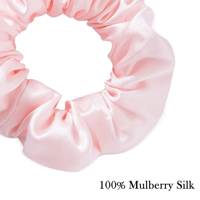 Silk Scrunchies for Women - 100% Mulberry Silk Hair Ties, 3 Pack, No Damage Elastic Ponytail Holders (Brown, Black, Pink)