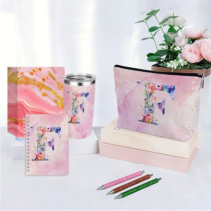 Personalized Gifts Monogrammed Birthday Gifts for Women, Aunt Grandma Retirement Christmas Initial 20 oz Tumbler, Makeup Bag Cup Ballpoint Pens Journal Notebook 6 Set, (Aesthetic Pink Flower F)