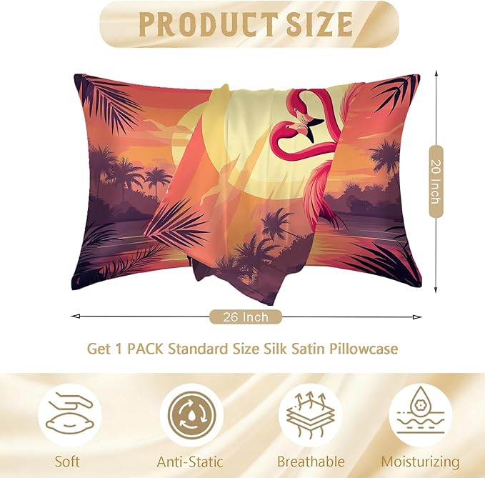 Pink Flamingos 1 Pack Satin Pillowcase for Hair and Skin Orange and Pink Sunset Imitation Silk Pillowcase with Hidden Zipper Soft Breathable Pillow Cover Standard Size for Bedroom Sofa 20”x26”