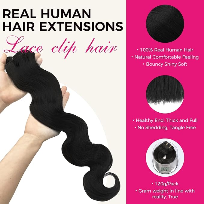 Lashey Clip in Hair Extensions Human Hair, Body Wave Remy Human Hair 24 Inch 120g 7pcs Natural Black #1B, Long Thick Clip in Hair Extensions for Black Women