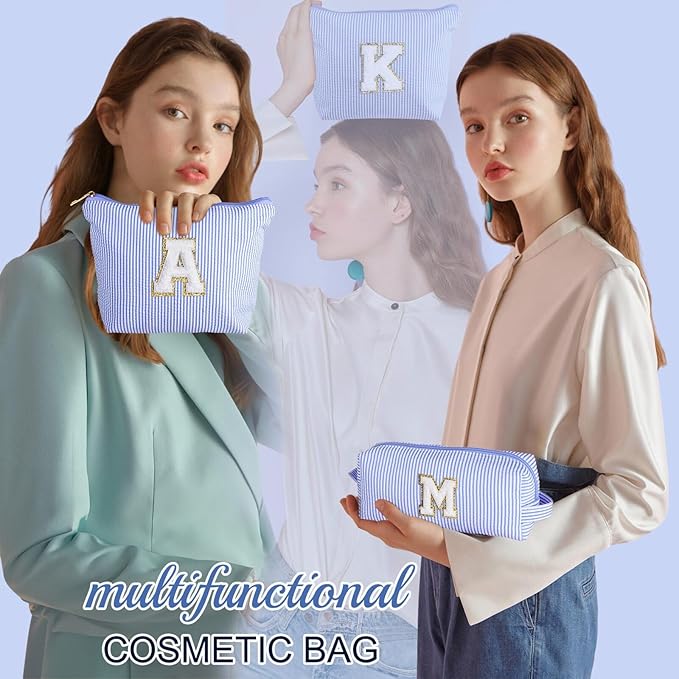 YOOLIFE Initial Makeup Bag Christmas Gifts for Girls Grandkids - Birthday Gifts for 3 4 5 6 7 8 9 10 11 12 13 Year Old Girl Stocking Stuffers for Girls Teen Daughter Kids Travel Makeup Bag Blue K