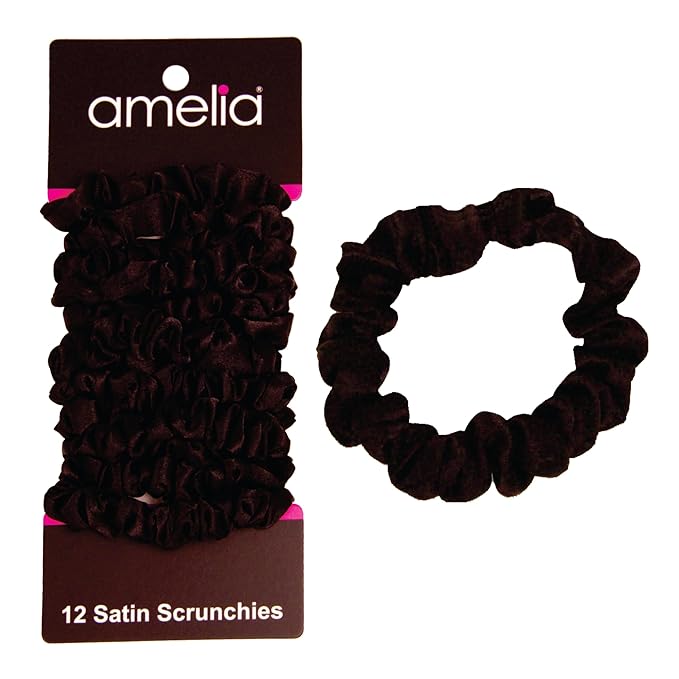 Amelia Beauty, Black Satin Small Scrunchies, 12-Pack – No Damage Hair Ties for Women, Gentle & Durable Hair Accessories, 2.5in x 0.5in