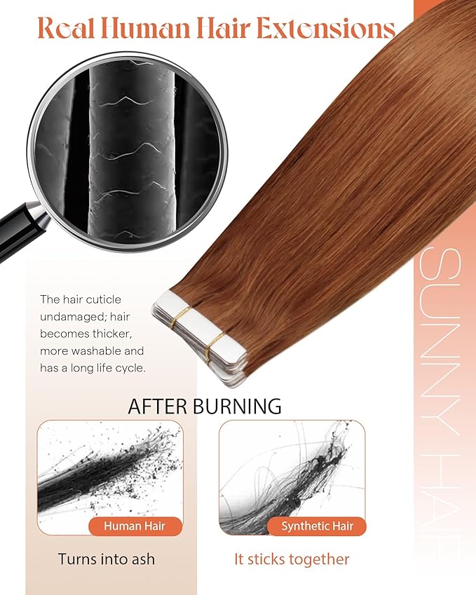 Sunny Hair Copper Tape in Hair Extensions Human Hair Glue in Hair Extensions Straight Tape ins Hair Extensions Copper for Women 50g 20pcs 14inch