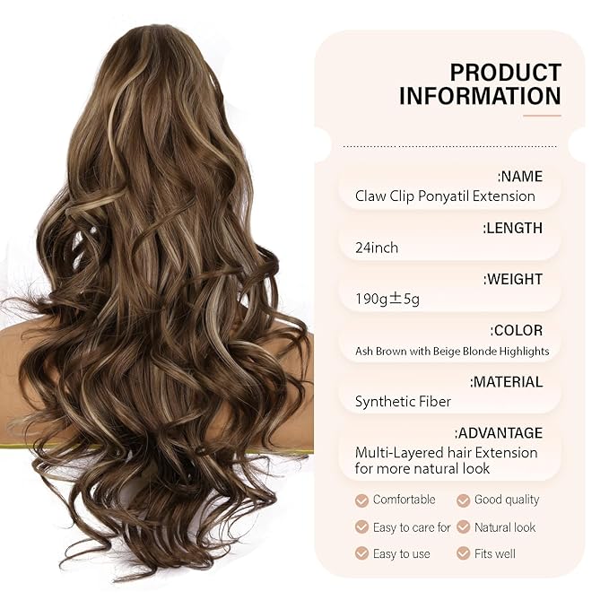 24 Inch Ponytail Extension, Layered Ponytail Extensions for Women, Soft Wavy Claw Clip in Ponytail Extension, Natural Synthetic Hair Pieces for Women (Color: Ash Brown with Beige Blonde Highlights)