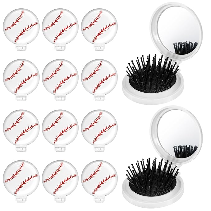 12 Pcs baseball Mini Detangler Brush, Folding Mirror Hair Brushes, Travel Hair Brush, No Tangle Soft Flexible Bristles for Straight, Curly, Thick Hair for baseball Team Gift Sport Party