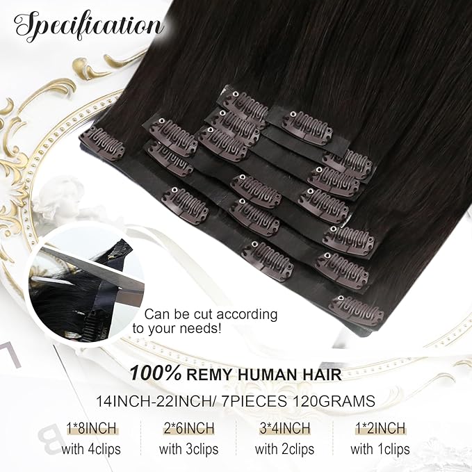 Moresoo Brown Seamless Clip in Hair Extensions Real Human Hair Straight Clip in Human Hair Extensions Dark Brown Double Weft 120g/7pcs 20 inch