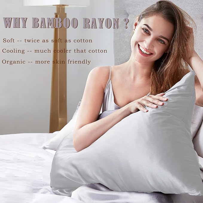 TELUS Pillow Cases Queen Size 2 Pack, Bamboo Rayon & Lyocell Pillowcase with Envelope Closure, Cooling Breathable Pillow Cover for Hot Sleeper & Night Sweats, 20x30 inch, Light Grey