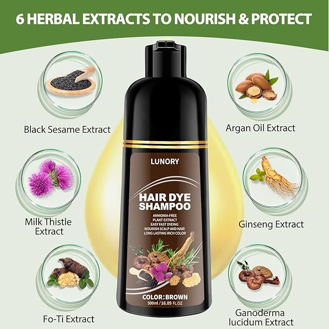 Brown Hair Dye Shampoo for 100% Gray Coverage - 3 IN 1 Hair Color Shampoo with Argan Oil & Ginseng, Ammonia & Paraben Free, Long Lasting Semi-Permanent Natural Color for Women & Men (500ml)