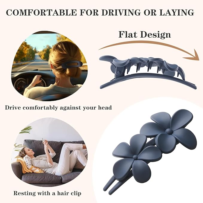5 Pcs Flat Hair Clips, Medium Lay Flat Claw Clips for Women Girls,2 Styles Strong Hold Non-slip Matte Hair Claws for Thick Thin Hair(Black&Navy)