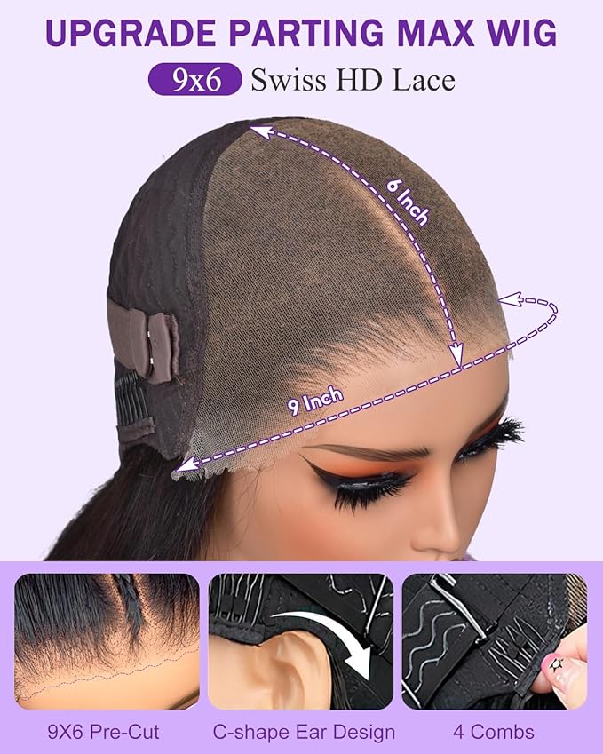 9x6 SKINLIKE Real HD Lace Closure Wig, Straight 180% Density 0.10mm Ultra-thin Swiss Lace Pre-plucked Bleached Small Knots With Baby Hair Natural Black Human Hair Wigs 26 Inch
