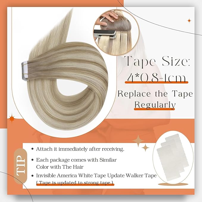 Full Shine Remy Tape Extensions Human Hair Color 19/8/60 Balayage Blonde Tape in Hair Extensions 20Inch Seamless Skin Weft 100G Long Extension Add Length for Natural Look 40Pcs