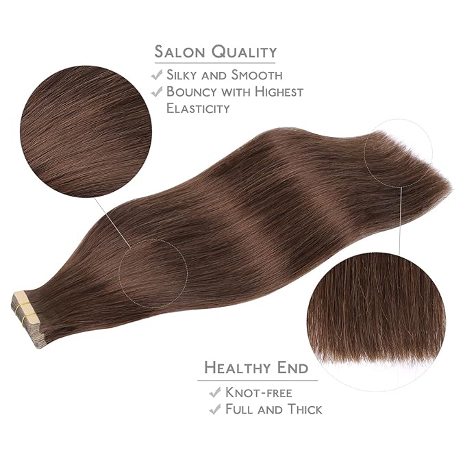 WENNALIFE Tape in Hair Extensions Human Hair, 20pcs 50g 20 inch Chocolate Brown Remy Hair Extensions Straight Human Hair Tape in Extensions Skin Weft Tape Extensions Human Hair