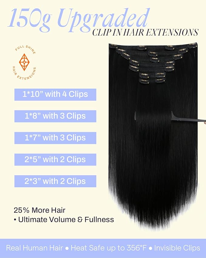 Full Shine Clip in Hair Extensions Human Hair Black 24 Inch Clip in Extensions Real Human Hair for Volume Full Head Triple Weft 7 Pcs 150 G