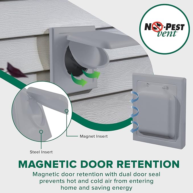 NO-PEST VENT, Exclusive Dual Door Dryer Vent Cover Outdoor 4 inch with Collar, Made in USA w Highest UV Resistant Plastic in any Outdoor Vent Cover (Slate Grey, 4" Plastic WIth Collar)