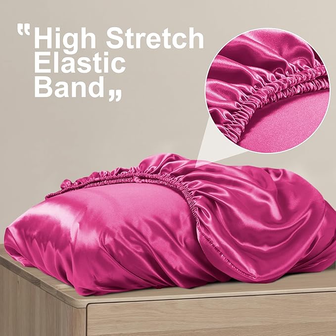 SiinvdaBZX Hot Pink Satin Pillowcase Standard/Queen Size Set of 2, Silky Travel Elastic Band Satin Pillow Case for Hair and Skin, Soft Portable & Fit for Various Pillow