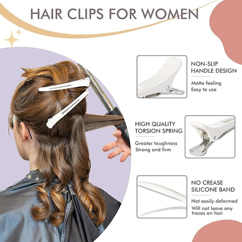 12PCS Hair Clips for Styling Sectioning - Non Slip No Crease Duck Billed Hair Clips for Women with Silicone Band - Professional 4.3 Inch Large Salon Hair Cutting Clips for Hairdresser - White