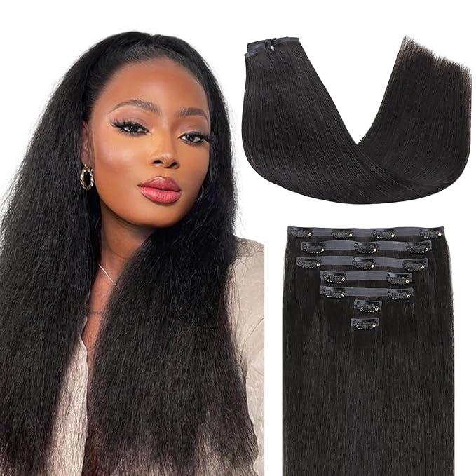 Lashey Seamless Clip in Hair Extensions Human Hair Light Yaki Straight 110g 7pcs Natural Black 18 Inch PU Clip Soft Invisi Edge