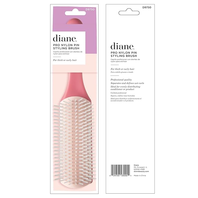 Diane Pro Nylon Pin Styling Hairbrush for Detangling, Separating, Shaping, and Defining Wet or Curly Hair, Heat-Resistant, Anti-Static, Hair Care Essential, Pink