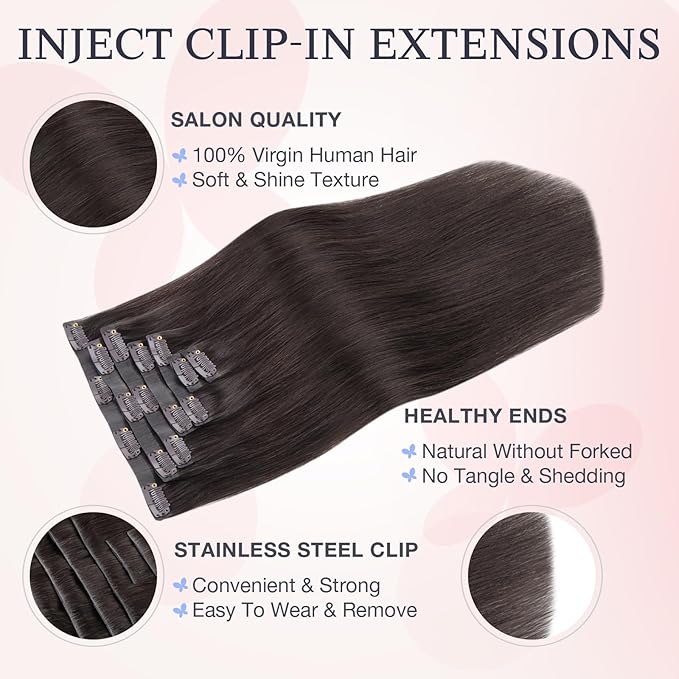 DOORES Clip in Hair Extensions Real Human Hair 16 inch 110g 7pcs Invisible Human Hair Extensions Clip ins, Injected Seamless PU Clipins Virgin Invisi Edge Natural Straight, 2A Light Dark Brown