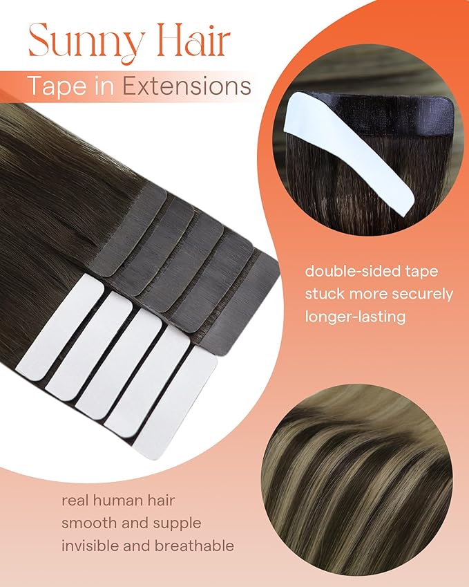 Sunny Tape in Hair Extensions Human Hair Dark Brown Balayage Blonde Hair Extensions Real Human Hair Tape ins 24 Inch Tape in Extensions 20Pcs 50g